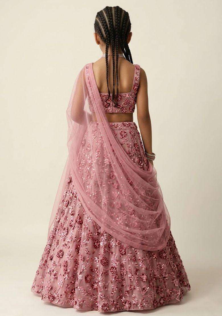 Dusty Pink Embroidered Net Lehenga Set For Girls - Indya