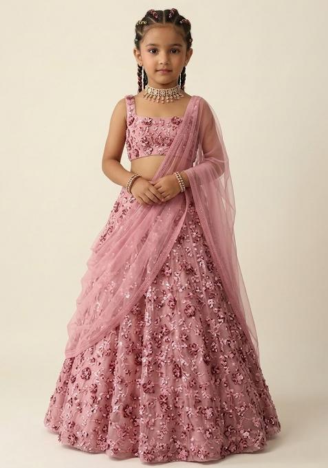 Dusty Pink Embroidered Net Lehenga Set For Girls
