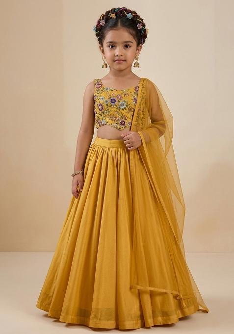 Yellow Embroidered Tissue Lehenga Set For Girls — view on Indya