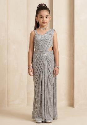 Grey Sequin Embellished Pre Draped Saree Set For Girls