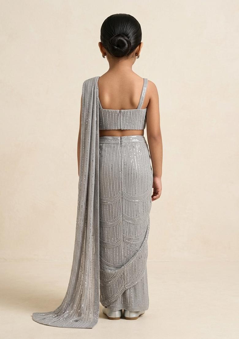 Grey Sequin Embellished Pre Draped Saree Set For Girls - Indya