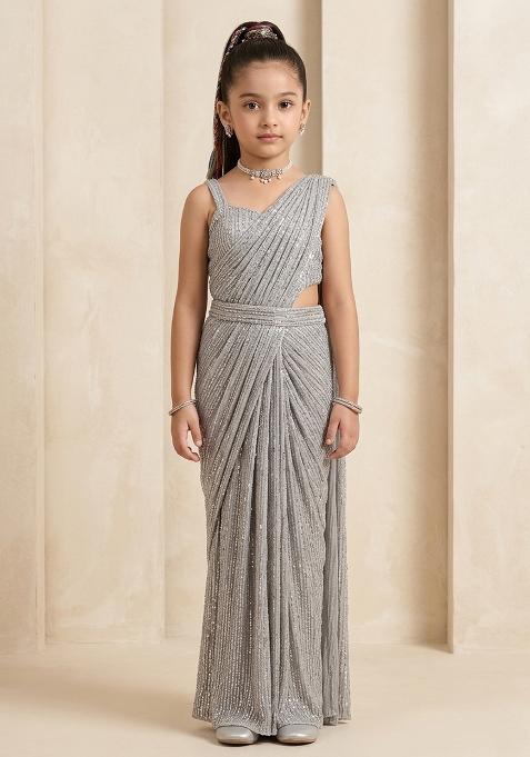Grey Sequin Embellished Pre Draped Saree Set For Girls
