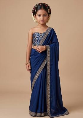 Blue Chinon Embroidered Pre Draped Saree Set For Girls