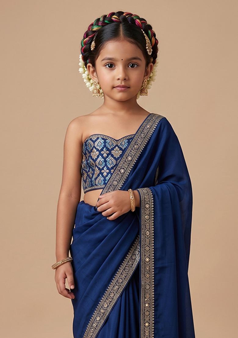 Blue Chinon Embroidered Pre Draped Saree Set For Girls - Indya