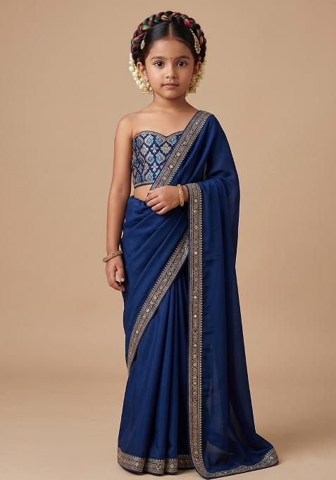 Blue Chinon Embroidered Pre Draped Saree Set For Girls