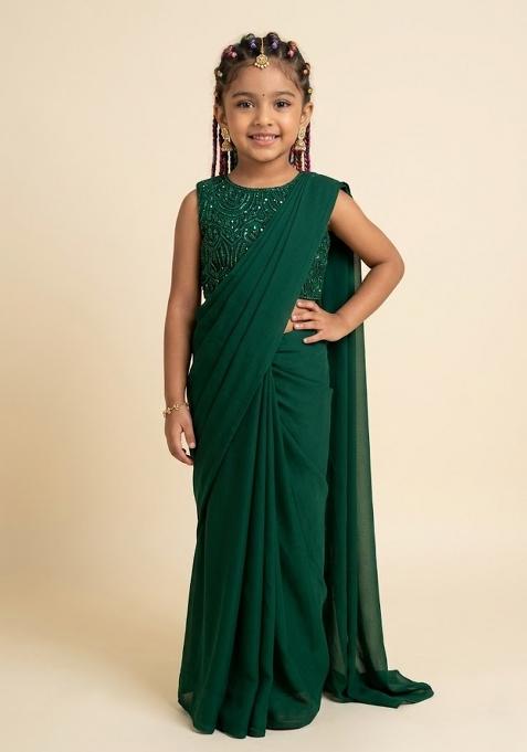 Green Sequin Embroidered Blouse Georgette Pre Draped Saree Set For Girls