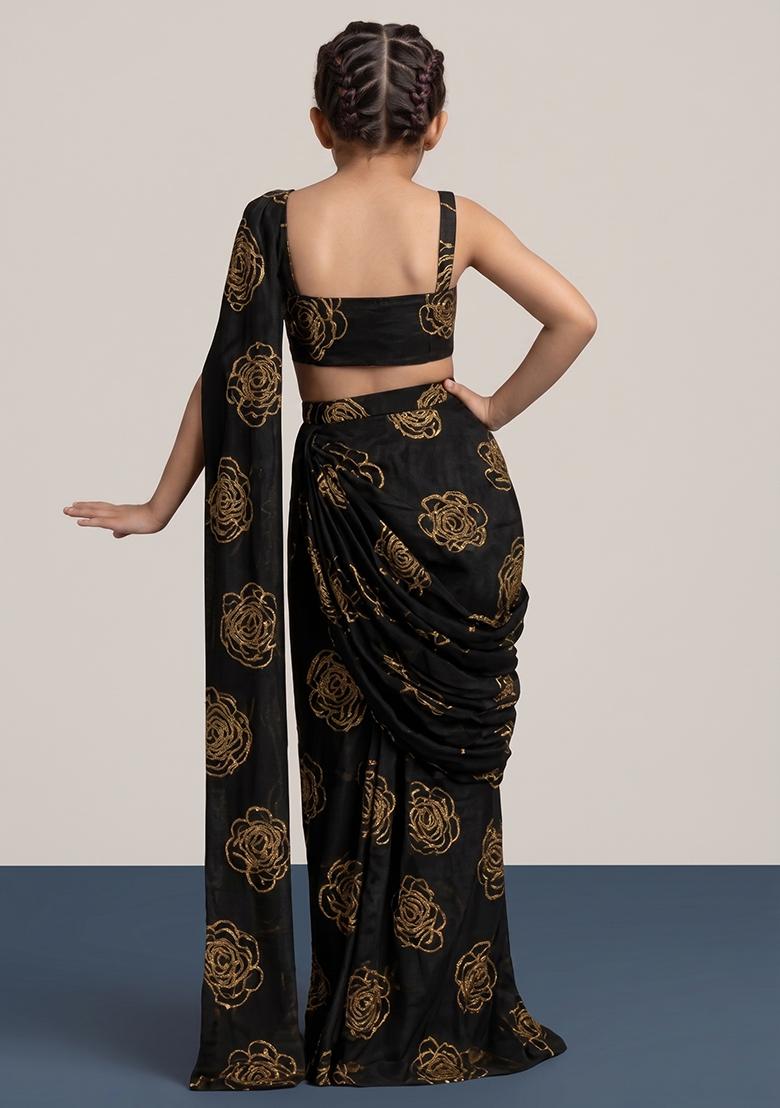 Black Embroidered Organza Pre Draped Saree Set For Girls - Indya