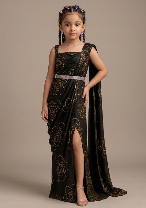 Black Embroidered Organza Pre Draped Saree Set For Girls