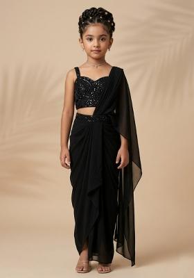 Black Embellished Blouse Georgette Pre Draped Saree Set For Girls