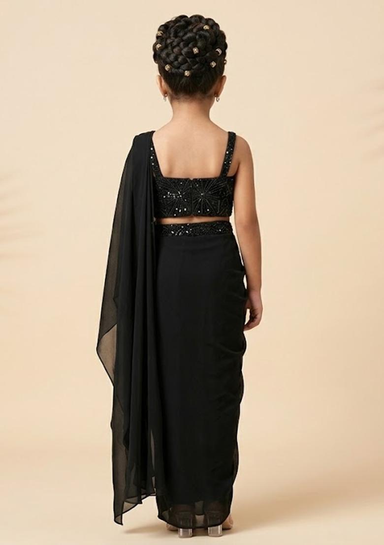 Black Embellished Blouse Georgette Pre Draped Saree Set For Girls - Indya