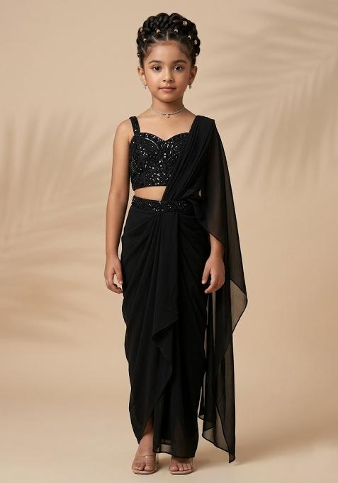 Black Embellished Blouse Georgette Pre Draped Saree Set For Girls
