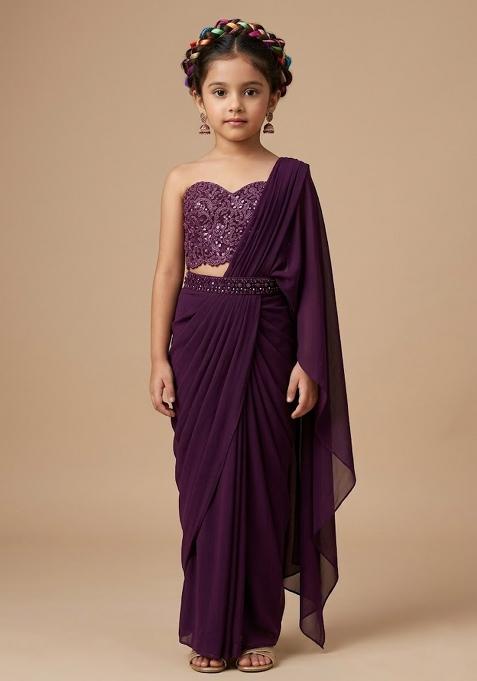 Purple Embellished Blouse Georgette Pre Draped Saree Set For Girls