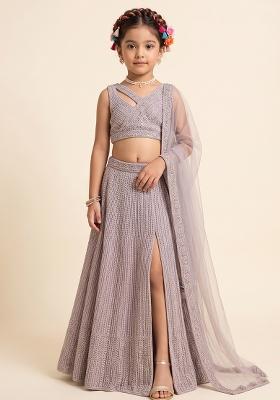 Pink Sequin Net Pre Draped Saree Set For Girls