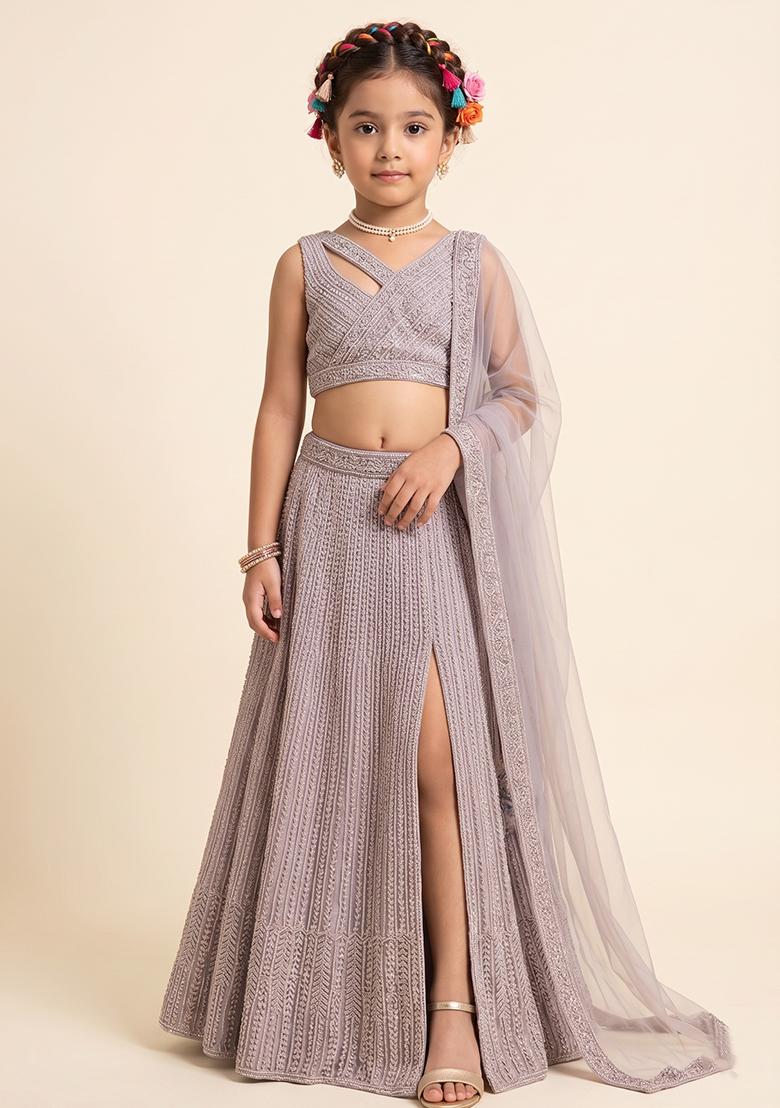 Pink Sequin Net Pre Draped Saree Set For Girls - Indya