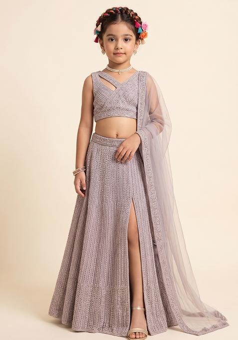 Pink Sequin Net Pre Draped Saree Set For Girls