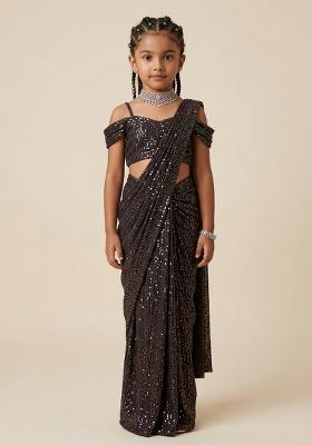 Dark Brown Embellished Lurex Pre Draped Saree Set For Girls