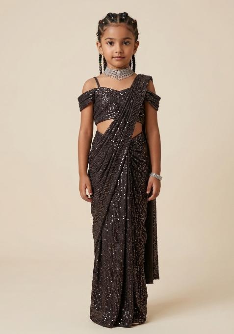 Dark Brown Embellished Lurex Pre Draped Saree Set For Girls