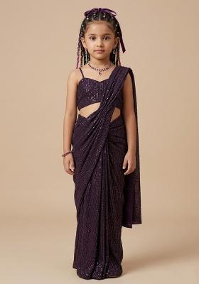 Purple Embellished Lurex Pre Draped Saree Set For Girls