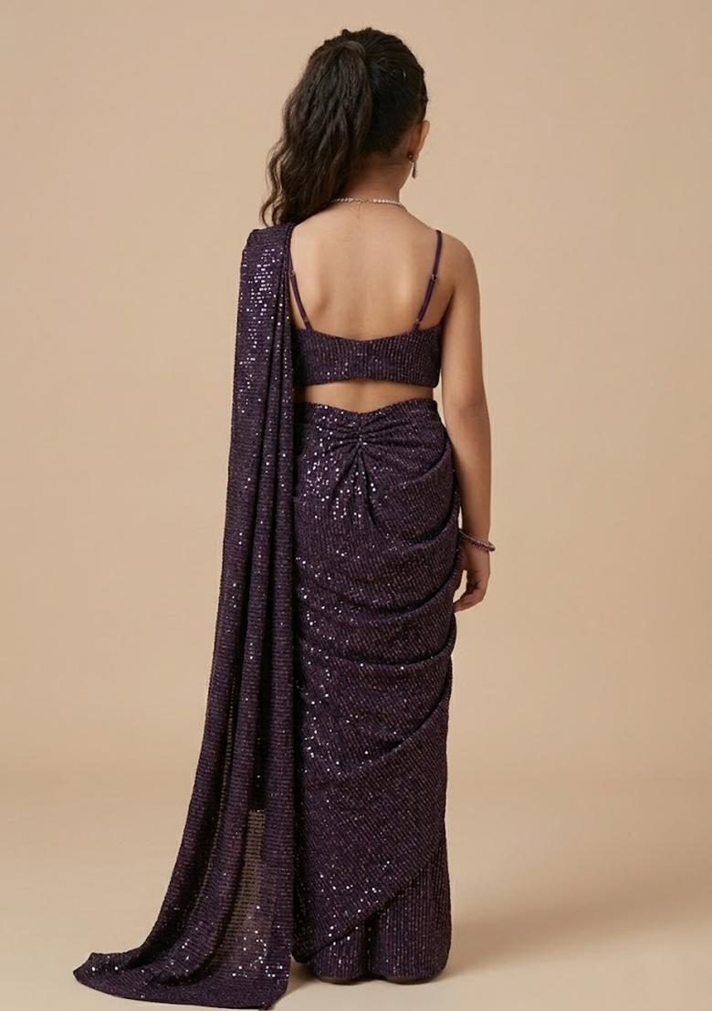 Purple Embellished Lurex Pre Draped Saree Set For Girls - Indya