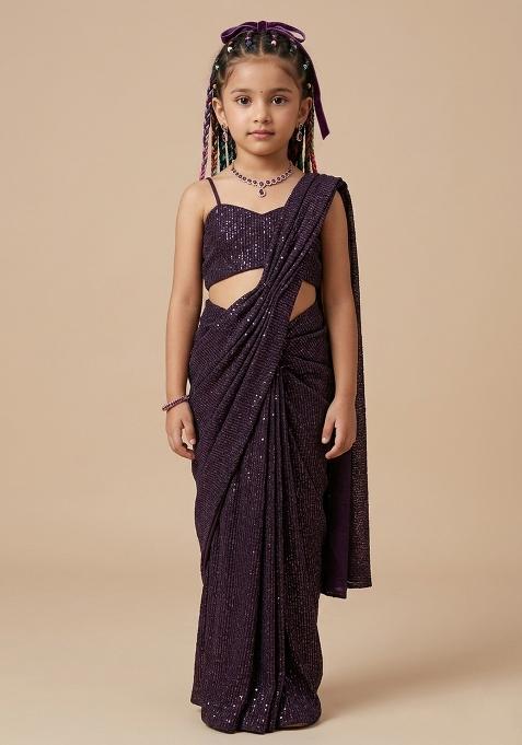 Purple Embellished Lurex Pre Draped Saree Set For Girls