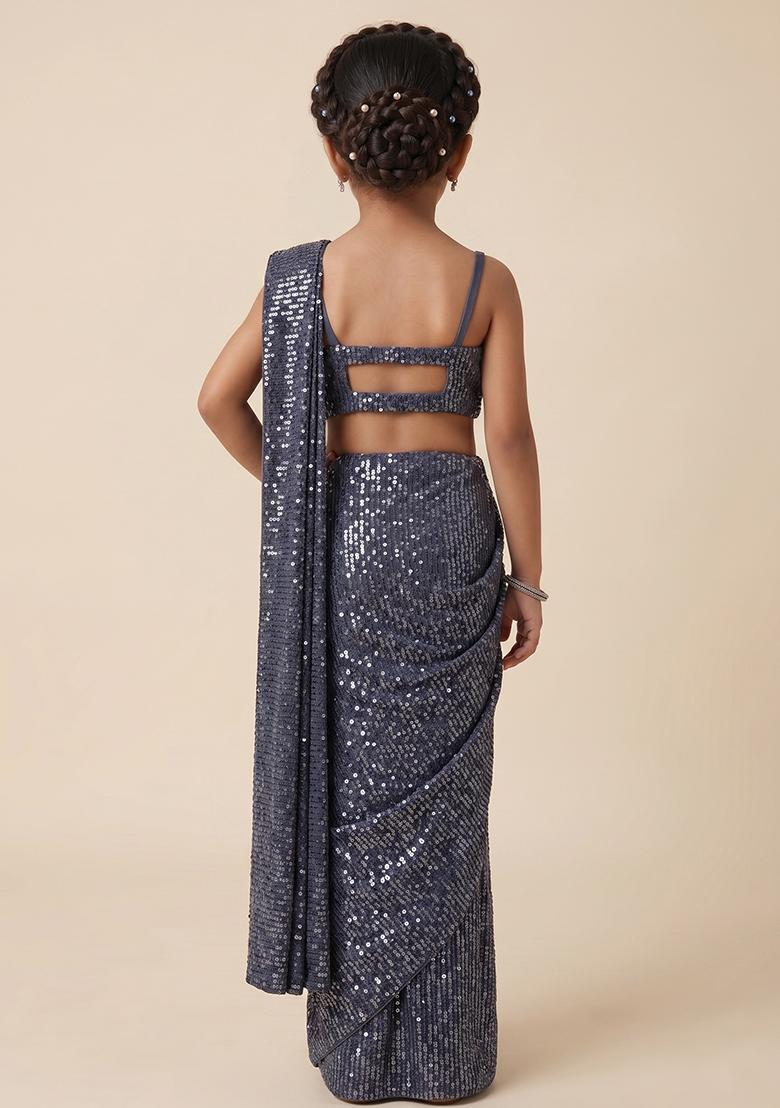 Deep Blue Sequin Net Pre Draped Saree Set For Girls - Indya