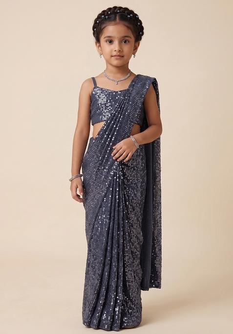 Deep Blue Sequin Net Pre Draped Saree Set For Girls