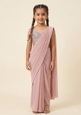 Pink Sequin Net Pre Draped Saree Set For Girls