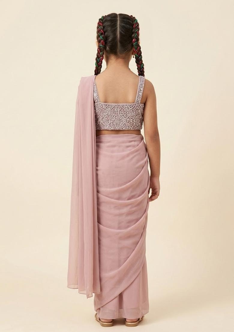 Pink Sequin Net Pre Draped Saree Set For Girls - Indya