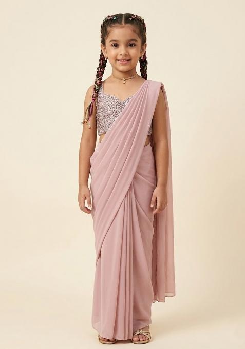 Pink Sequin Net Pre Draped Saree Set For Girls