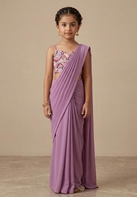 Purple Crepe Pre Draped Saree Set With Floral Printed Blouse For Girls
