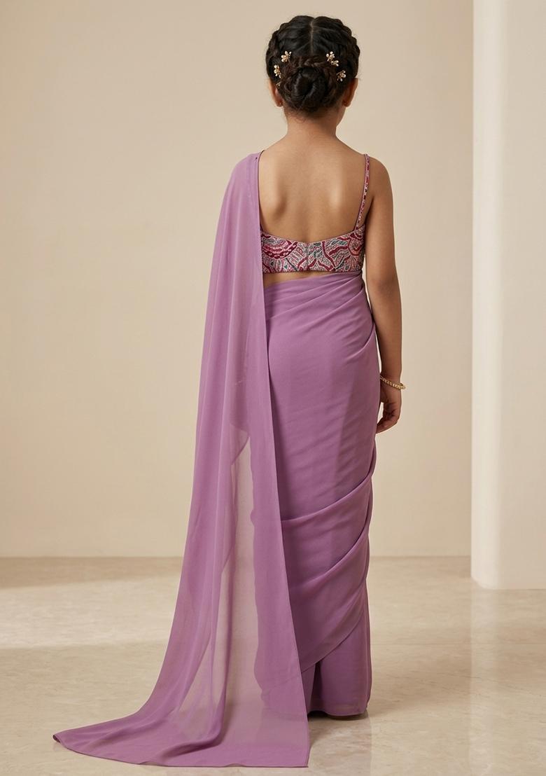 Purple Crepe Pre Draped Saree Set With Floral Printed Blouse For Girls - Indya