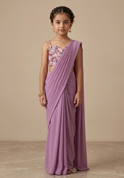 Purple Crepe Pre Draped Saree Set With Floral Printed Blouse For Girls