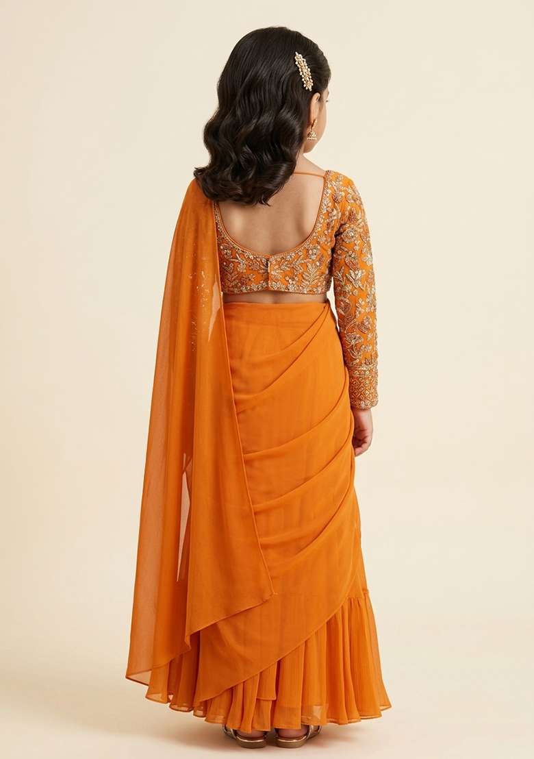 Orange Tissue Pre Draped Saree Set With Embroidered Blouse For Girls - Indya