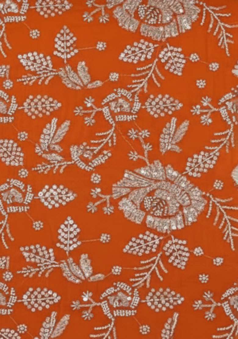 Orange Tissue Pre Draped Saree Set With Embroidered Blouse For Girls - Indya