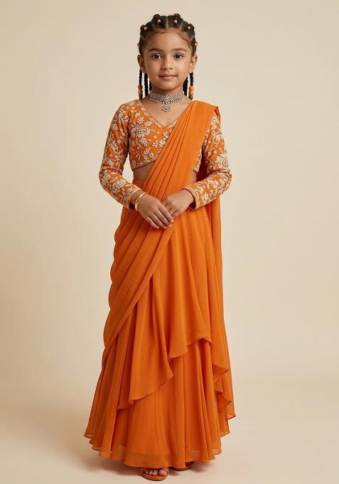 Orange Tissue Pre Draped Saree Set With Embroidered Blouse For Girls