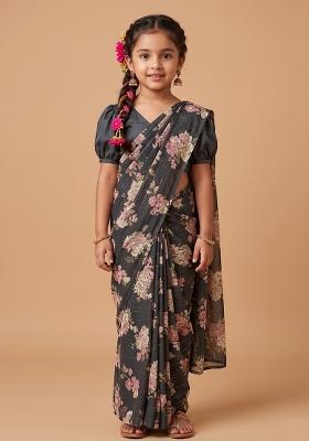 Black Floral Print Georgette Pre Draped Saree Set For Girls
