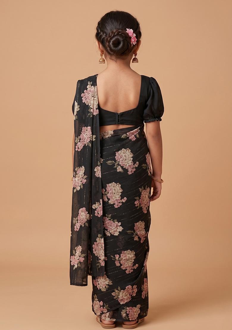 Black Floral Print Georgette Pre Draped Saree Set For Girls - Indya