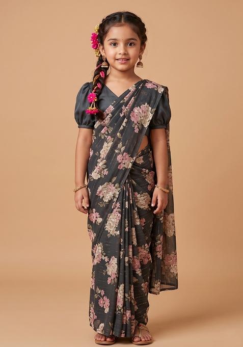 Black Floral Print Georgette Pre Draped Saree Set For Girls — view on Indya