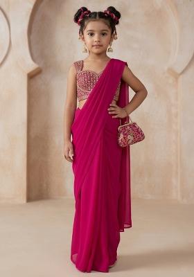 Rani Pink Chiffon Handwork Pre Draped Saree Set For Girls