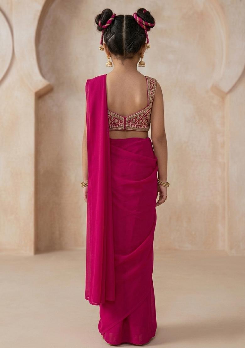 Rani Pink Chiffon Handwork Pre Draped Saree Set For Girls - Indya
