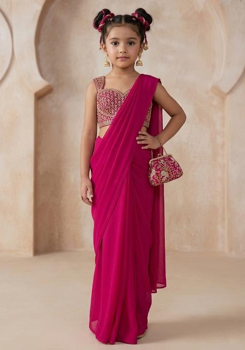Rani Pink Chiffon Handwork Pre Draped Saree Set For Girls