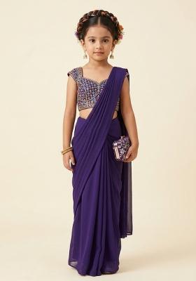 Navy Blue Chiffon Handwork Pre Draped Saree Set For Girls