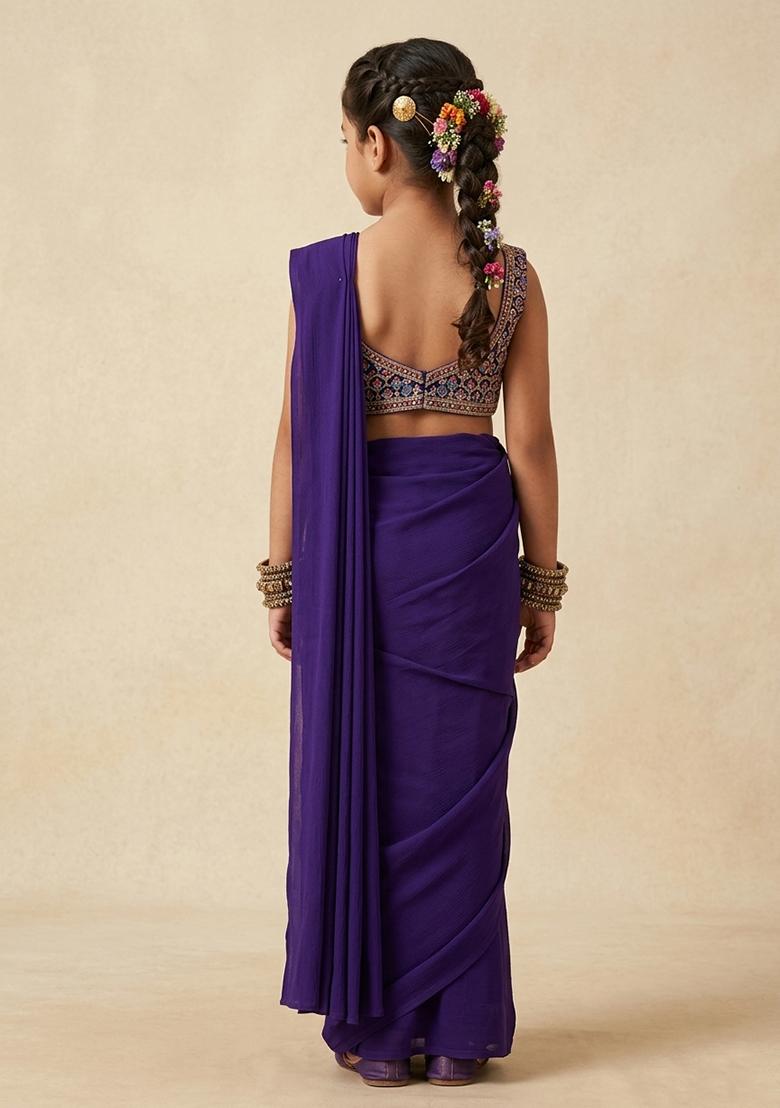 Navy Blue Chiffon Handwork Pre Draped Saree Set For Girls - Indya
