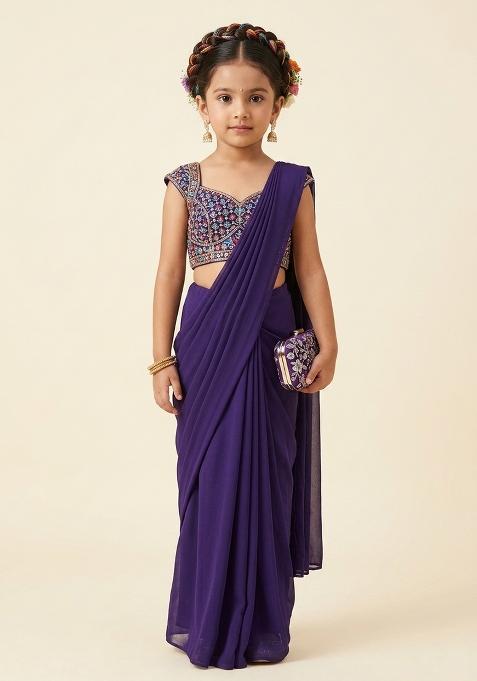 Navy Blue Chiffon Handwork Pre Draped Saree Set For Girls — view on Indya