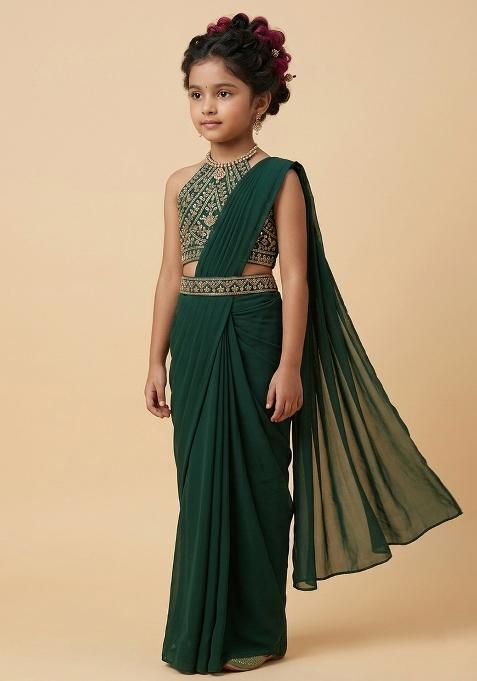 Mint Green Crepe Handwork Pre Draped Saree Set For Girls — view on Indya