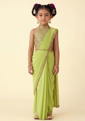 Apple Green Poly Blend Handwork Pre Draped Saree Set For Girls