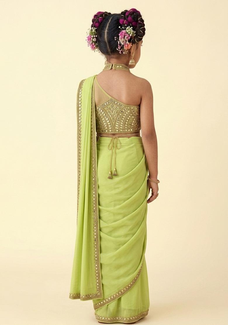 Apple Green Poly Blend Handwork Pre Draped Saree Set For Girls - Indya