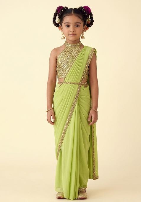 Apple Green Poly Blend Handwork Pre Draped Saree Set For Girls