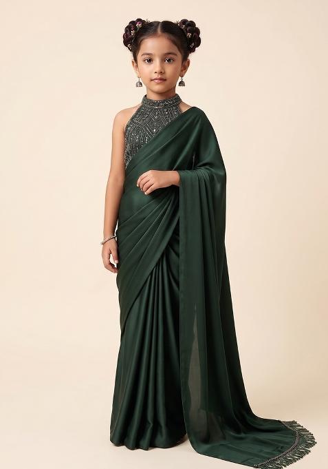 Bottle Green Satin Handwork Pre Draped Saree Set For Girls