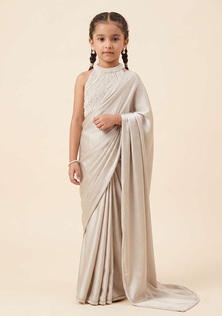 Grey Satin Handwork Pre Draped Saree Set For Girls - Indya